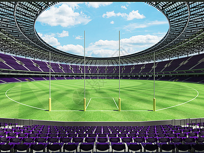 漂亮的现代圆形澳式足球场 配有紫色座椅和贵宾包厢沥青椅子场地看台日光运动竞赛网格草皮邮政图片