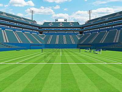 美丽的现代网球场体育场 蓝绿色座位供1万5千名球迷使用贵宾行动竞技场网球光灯法庭椅子旅游服务会场图片