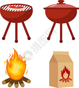 设置用于烧烤和烧烤用木炭篝火 烧烤的集合 孤立在白色背景上 矢量图图片