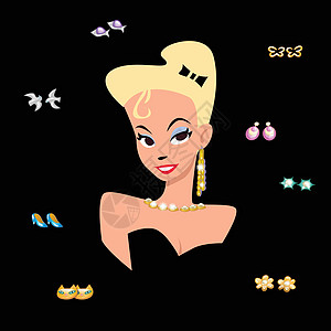 一个被珠宝商包围的卡通女孩的肖像陈列柜女性夹子卡通片魅力珍珠礼物宝藏珠宝店铺图片