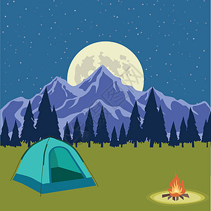 帐篷与篝火在漆黑的夜晚森林背景 美丽的概念在户外野外露营 夏季旅行 休闲旅游极端 夜景卡通矢量图  EPS10图片