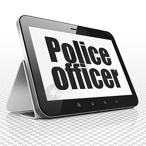 法律概念平板电脑与警察在 displa防御3d保险犯罪法庭刑事财产权利架子渲染图片