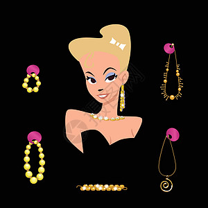 一个被珠宝商包围的卡通女孩的肖像女性珠宝造型天鹅绒夹子礼物陈列柜宝藏卡通片沙龙图片