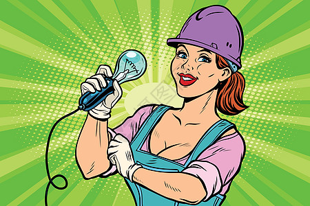 有电灯泡的建筑工人 职业女性插图金属女士灯光卡通片艺术微笑维修电压服务图片