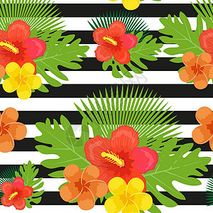 热带花卉植物叶子和黑白条纹无缝图案 无尽的夏日花卉背景 天堂重复纹理 异国情调的背景 矢量图图片