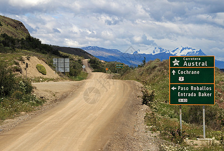 公路 路7号 有路标 智利森林芸香农村沥青碎石风景场景蓝色国家曲线图片