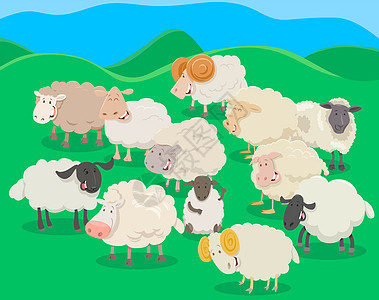 羊群卡通它制作图案剪贴家畜团体微笑农场卡通片漫画农村场景绘画图片