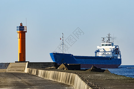 蓝水蓝散散装货船橙子进口航行血管出口灯塔航海海洋码头货运背景