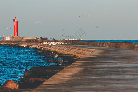 带灯塔的防水堤坝导航海洋海岸码头海堤白色石头海岸线航海橙子图片