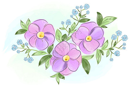 含叶子的水色紫色和蓝色花朵图片