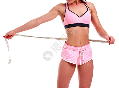 与白色背景隔离的测量磁带相容的妇女腰围内衣运动腹部组织皮肤训练损失数字饮食图片