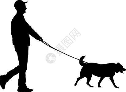 人与狗在白色背景上的剪影斗牛犬宠物插图动物友谊爪子犬类黑色皮带训练图片