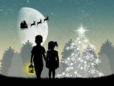 圣诞节时的孩子庆典孩子们雪橇月亮星星月光灯笼图片