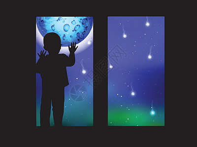 空间和一个孩子看着窗外哞哞蓝色宇宙圆形标识想像力白色陨石孩子们月亮男生图片