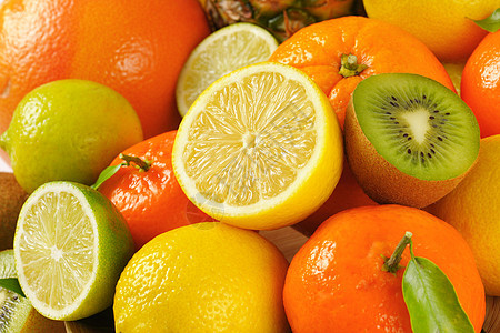 新鲜热带水果奇异果情调菠萝画幅黄色柠檬绿色异国团体食物图片