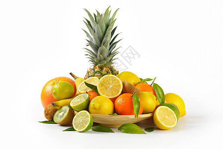 热带水果类种异国团体柠檬菠萝食物橙子叶子香蕉绿色黄色图片