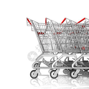 一辆购物车在停车场上 与白色隔绝 3D车轮零售购物中心红色篮子营销购物店铺商业消费者图片