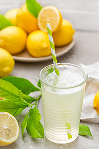 柠檬水 喝新鲜柠檬 柠檬鸡尾酒加果汁饮料稻草苏打排毒树叶液体冷却器桌子冰镇食物图片
