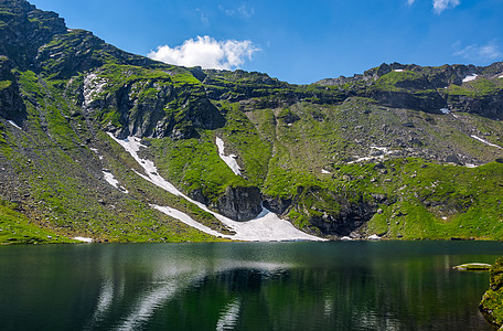 在山中 在山边有雪风景天空镜子顶峰蓝色山坡爬坡冰川环境池塘图片