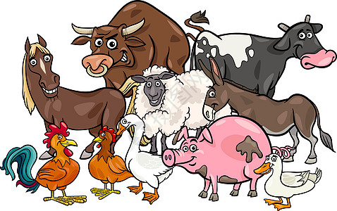 农场动物类卡漫画鼻子母鸡奶牛公鸡小马鬃毛快乐卡通片插图国家图片