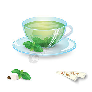 透明杯绿色茶 薄荷和糖在白色背景中隔离 矢量插图图片