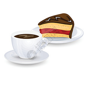 一杯咖啡和一块巧克力蛋糕 里面有白色背景的果酱 矢量插图 (笑声)图片