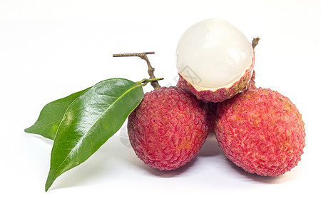 白色背景上的新鲜果树叶叶子美食食物荔枝宏观异国红色热带水果粉色图片