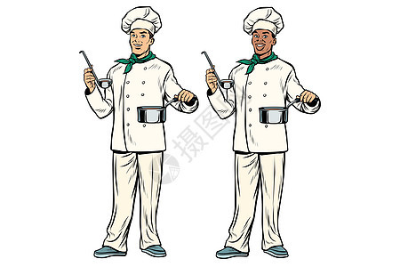白种人和非裔厨师 手拿领架和烹饪锅图片
