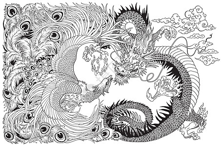 中国龙和凤凰 玩珍珠黑白的图片