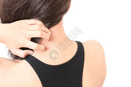 妇女用白色背景肩并肩痒 以获得健康的乳房症状女士湿疹发痒脖子痛苦治疗皮炎成人皮肤科图片