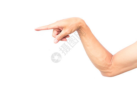 接缝男人用白底的手指指着白色背景展示数字指针工作室信号棕榈帮助力量表决身体图片