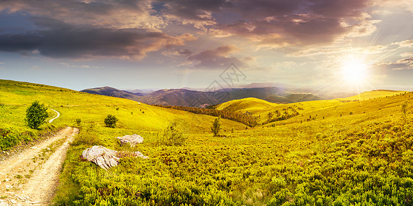 草原上的路日落时在山上全景的山丘草原上背景