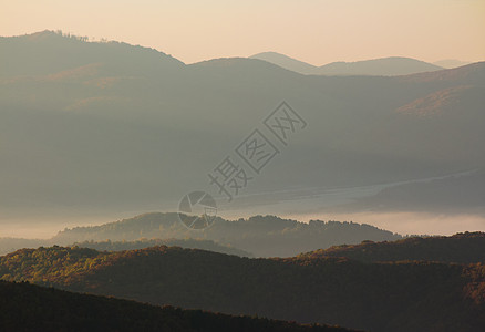 山中炎热的日出 弥漫着寒雾戏剧性森林薄雾季节旅行阴霾草地环境山脉植物图片