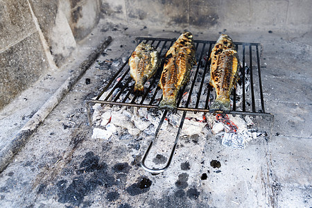 Sea Basss在钢铁烤箱上用传统的达尔马提亚方式烤烤海鲜鲈鱼低音盘子食物海岸厨房午餐美食旅行图片