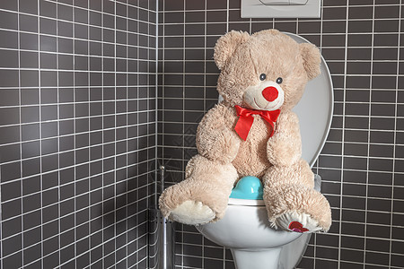 玩具泰迪熊坐在洗手间厕所碗上 儿童便壶卫生间棕色家庭浴室瓷砖训练动物白色孩子如厕图片