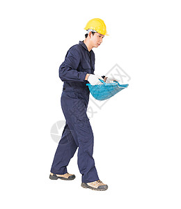 青年工人持有Hod或蛤壳形状的篮子蓝色塑料工作白色劳动建造工具制造业建筑灰尘图片