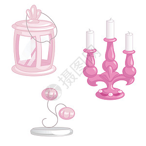 在白色背景上隔开的一套粉色古老照明物体 如露营灯笼 三根蜡烛上的烛台和高柱 Retro 灯具矢量图解图片