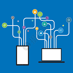 笔记本电脑和平板电脑与线形树与社会图标 medi图片
