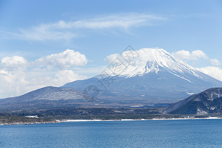 Motosu湖和藤山湖太阳公吨蓝色火山天空风景反射波纹旅行森林图片