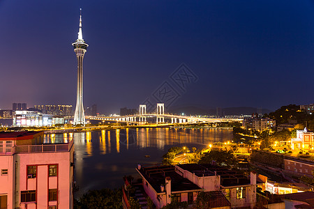 夜间澳门市地标景观建筑天际房子市中心城市旅行图片