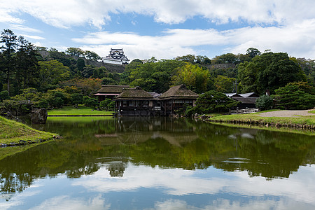 日本的hikone城堡水池反射气候池塘园艺爬坡植物学叶子花园木头图片