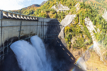 日本Kurobe大坝蓝色旅行立山路线力量风景晴天地标高山阳光图片