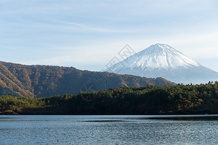 Saaiko湖和Fuji山本栖农场爬坡反射天空旅行蓝色风景场景游客图片