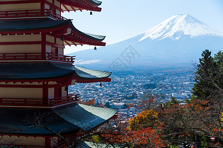 Fuji山和chureito塔塔建筑学浅间建筑新仓宝塔日出晴天文化阳光公吨图片