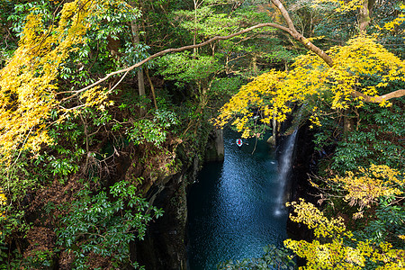 日本宫崎高原峡谷瀑布岩石树叶公园蓝色黄色绿色森林旅行渡船图片