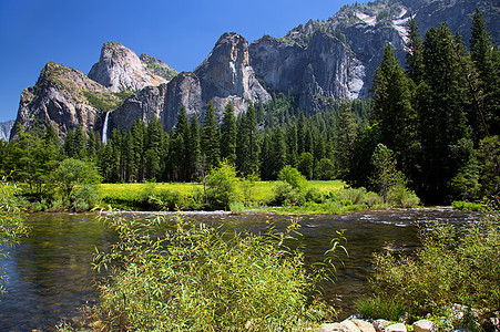 Yosemite 地貌旅行地质学悬崖蓝色天空农村针叶森林船长国家图片