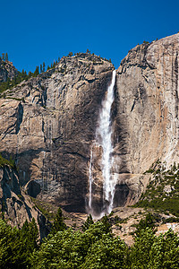 Yosemite 瀑布森林蓝色天空花岗岩晴天树木地质学旅游荒野松树图片