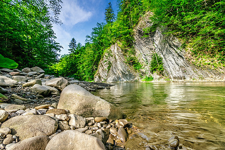 森林河岸国家荒野溪流绿色蓝色风景石头悬崖岩石旅行图片