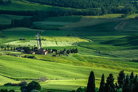 Val dOrcia 托斯卡纳农场农场旅行草地蓝色栽培假期天空农家别墅植物图片