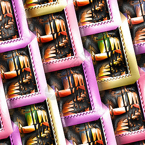 彩色塑料邮票分形 3D 呈现器皮革艺术品奢华插图艺术纹理万花筒背景压花马赛克图片